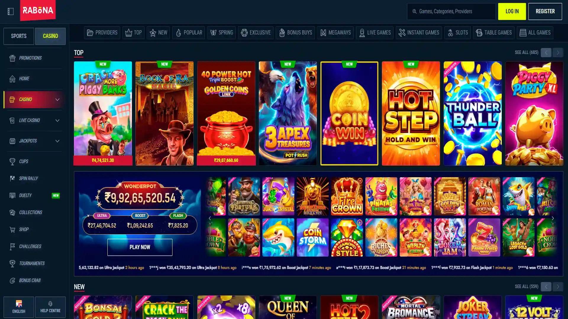 Screenshot of the online casino games page on Rabona.