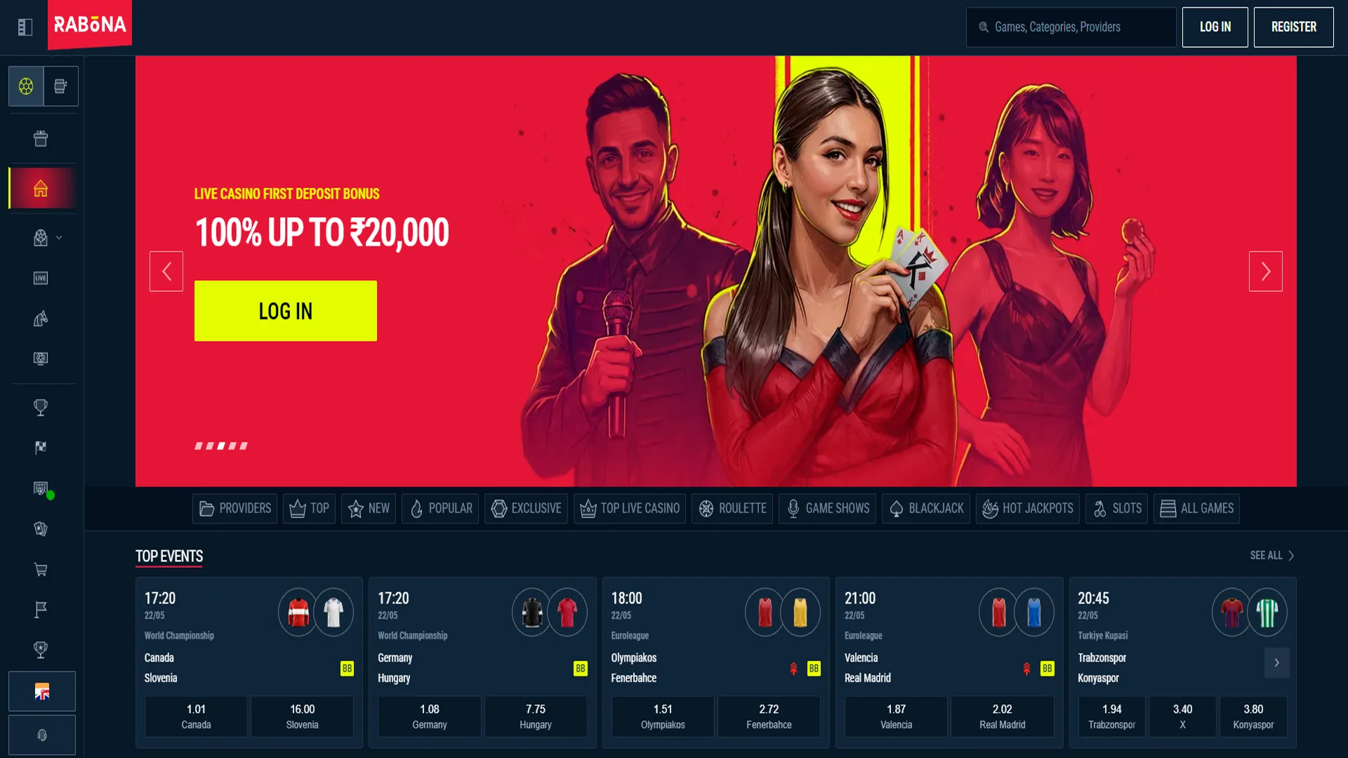 Main page of the official Rabona betting website.
