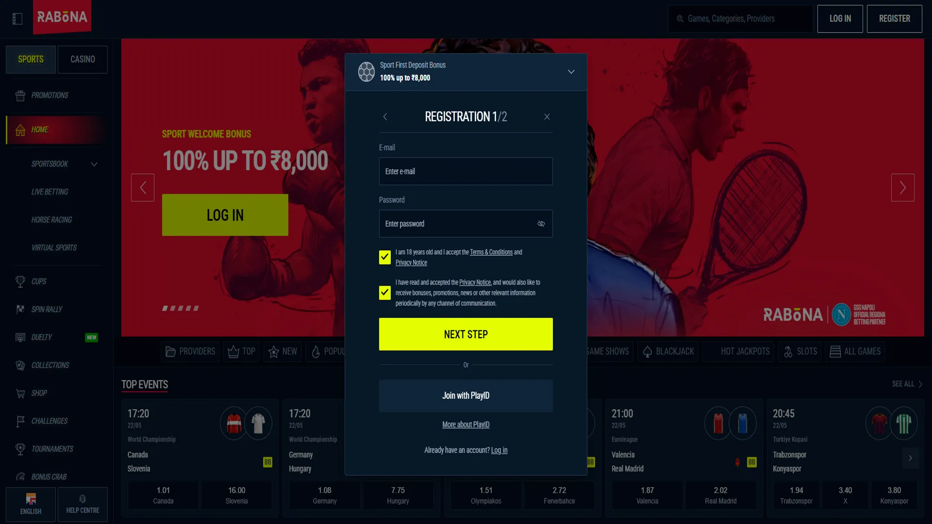 Registration page to create a new Rabona account.