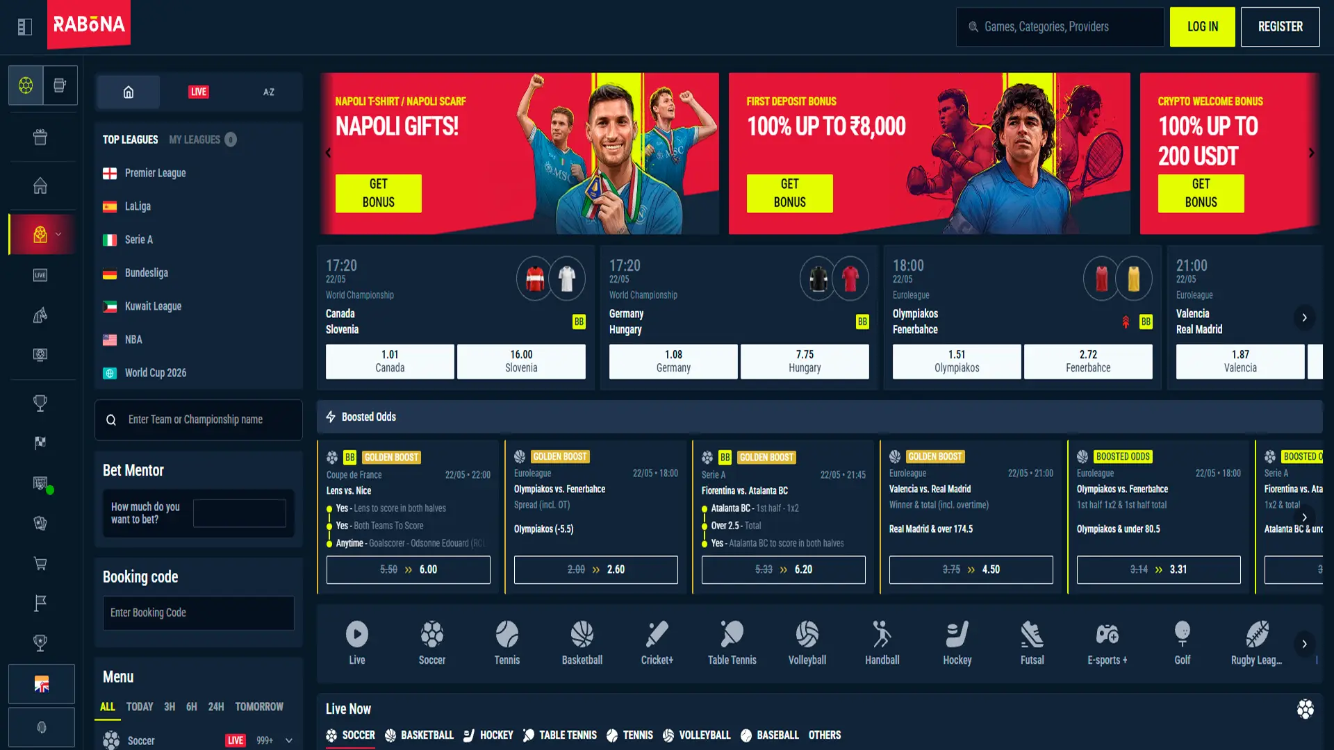 Browse the sports betting page available on Rabona.