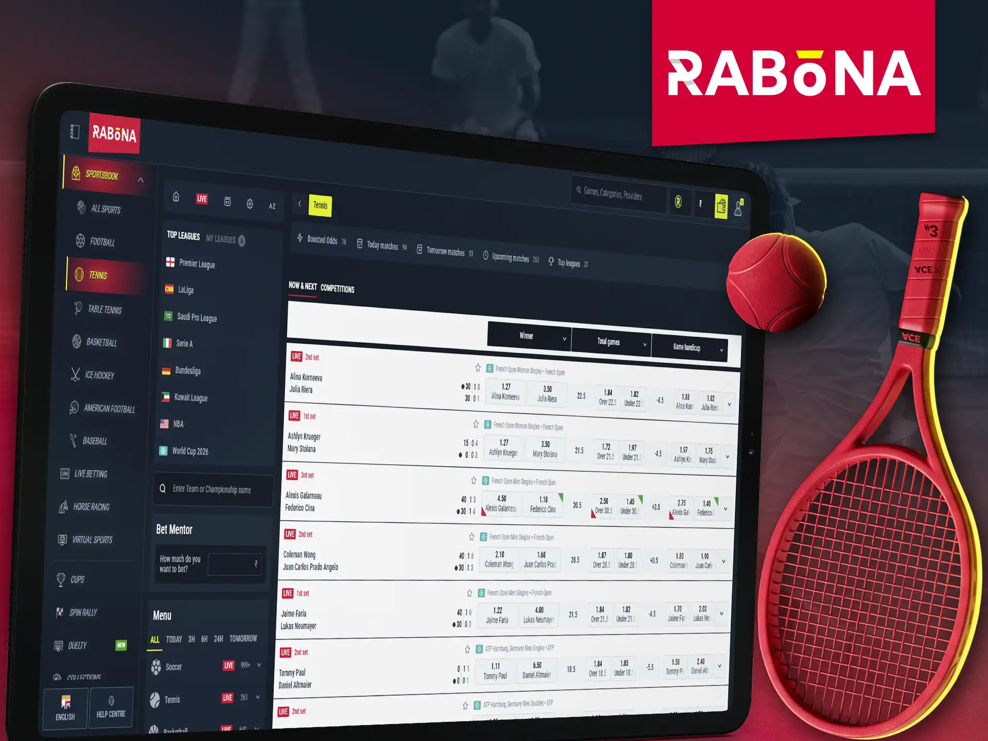 Win big in the exciting Rabona tennis betting section.