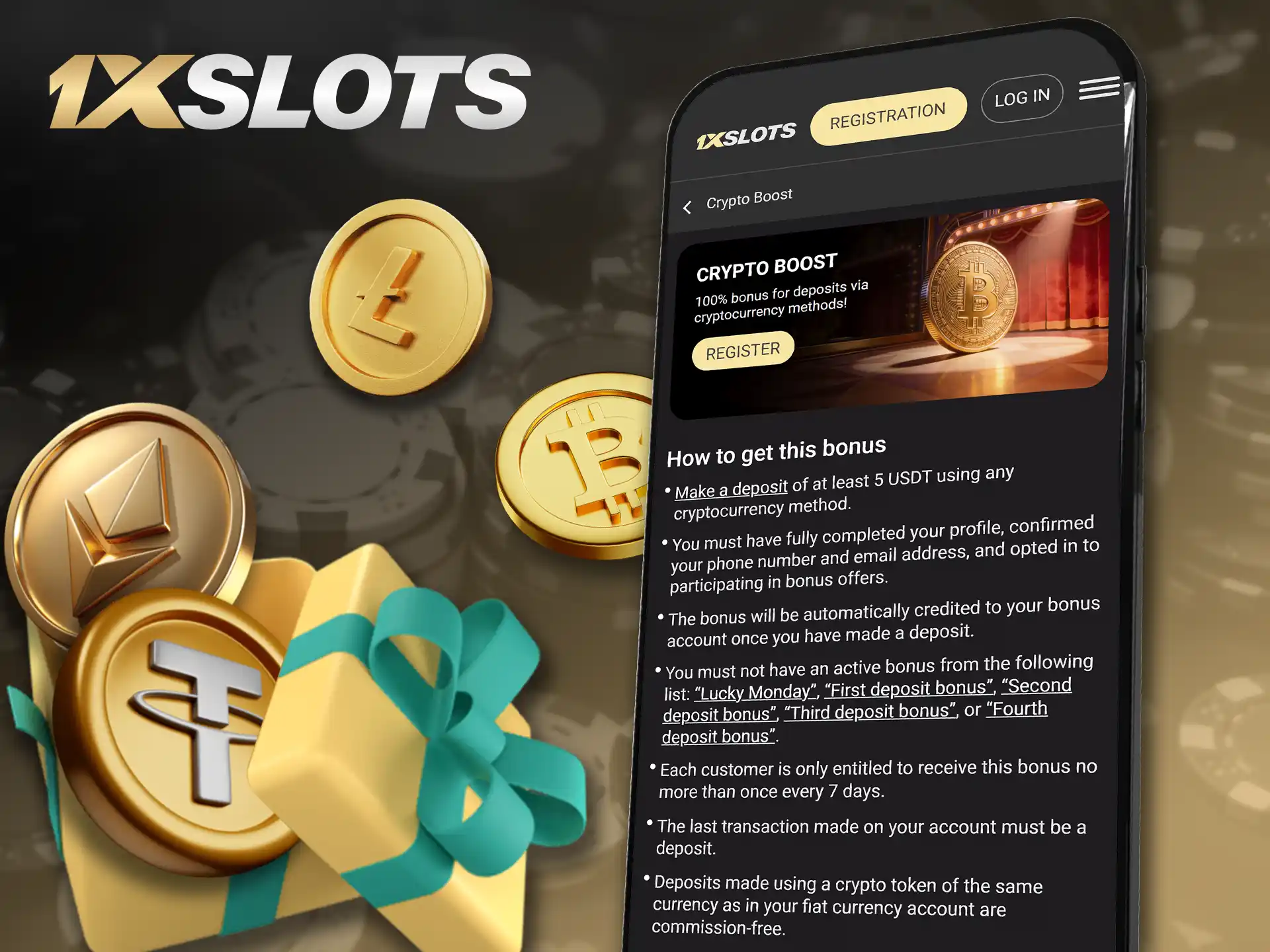 Earn a crypto boost reward through the 1xSlots app.