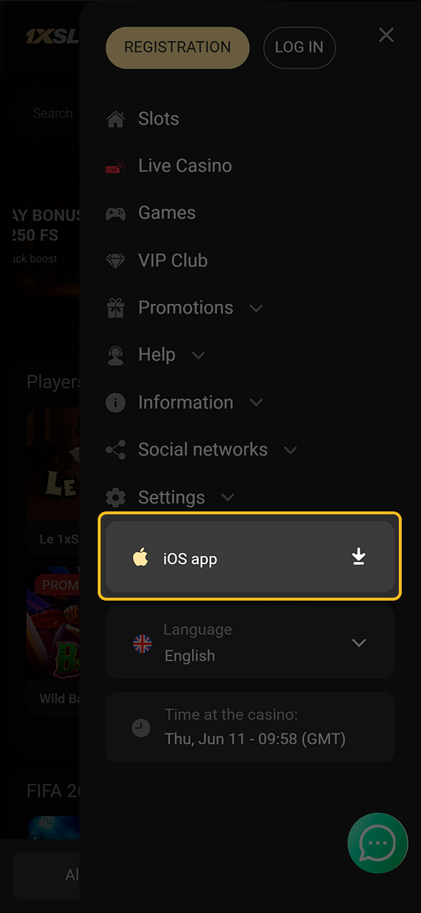 Click the download button for the 1xSlots iOS app.