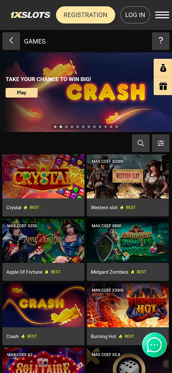 Browse top casino games in the 1xSlots mobile app.