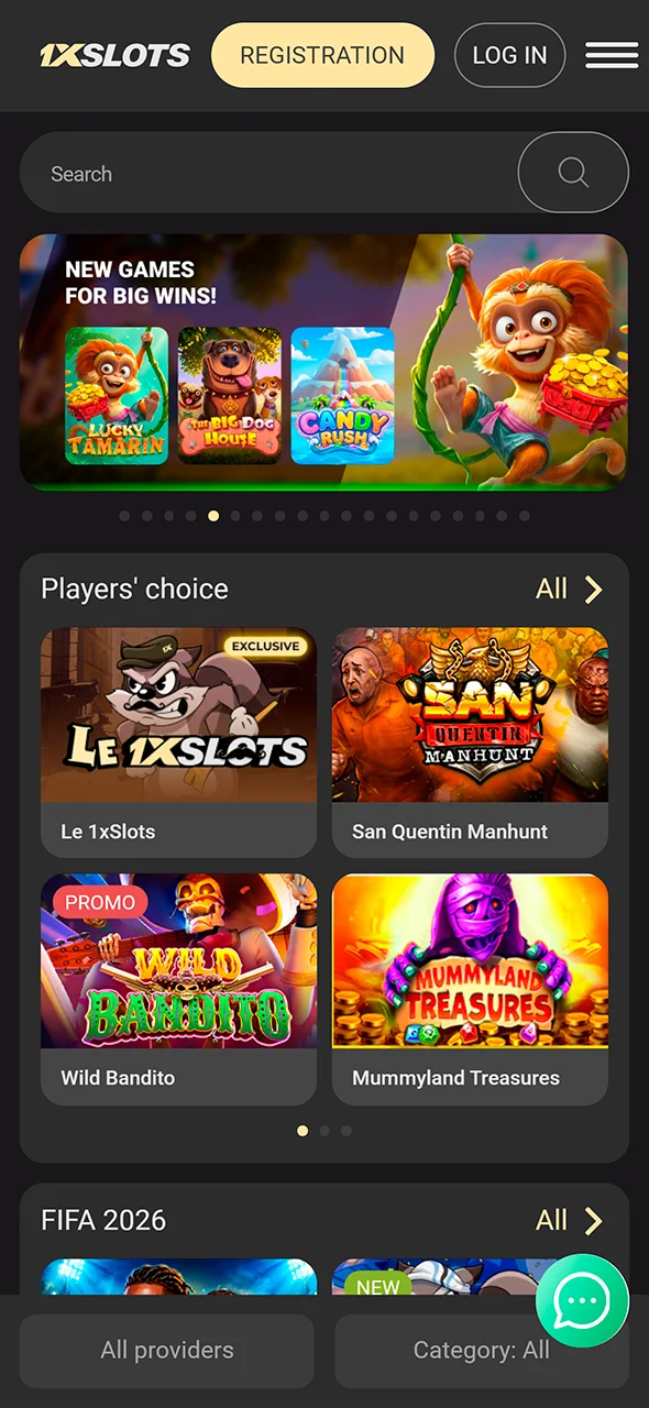Explore the 1xSlots mobile app main page layout.