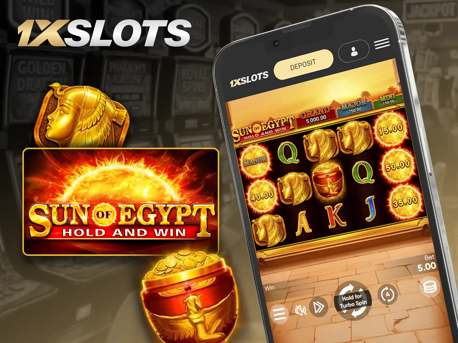 Play the Sun of Egypt slot on 1xSlots app.