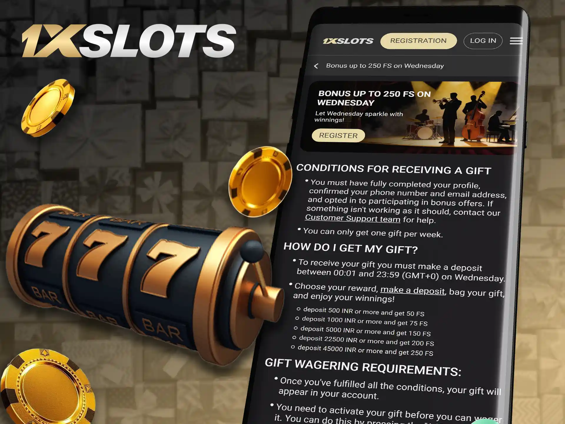 Claim Wednesday free spins directly in the 1xSlots app.