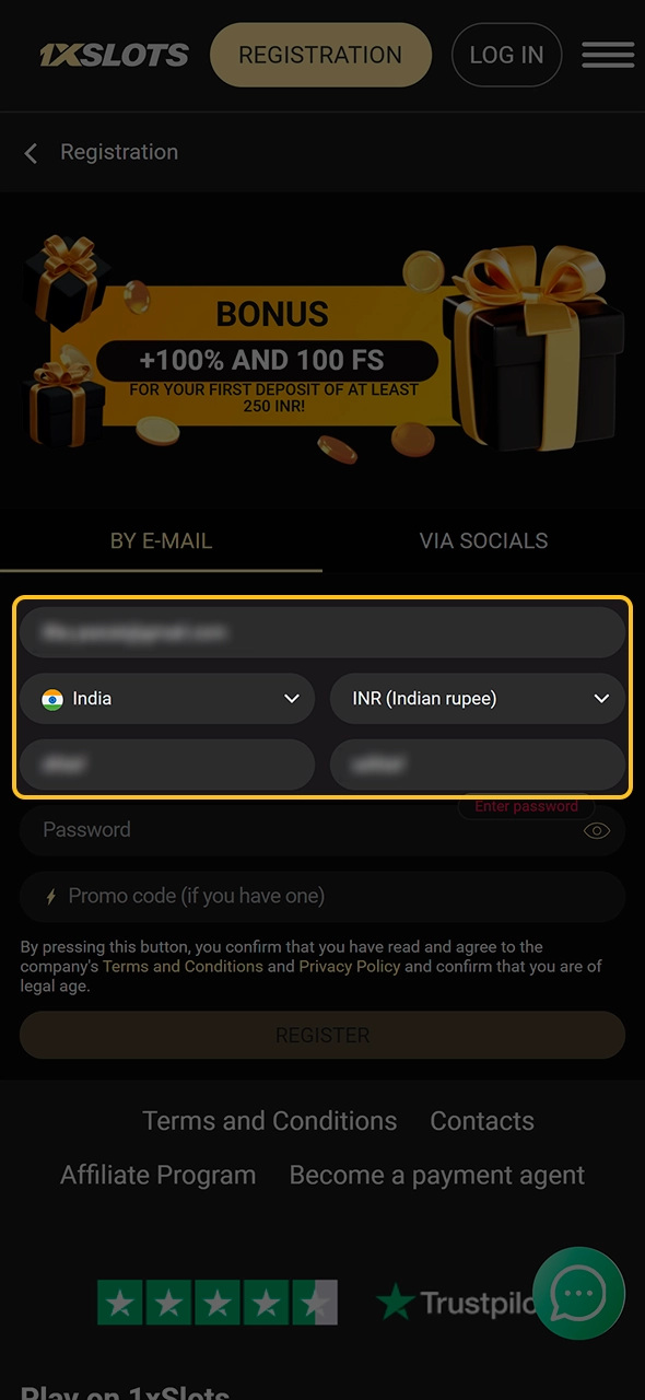 Enter your personal details securely into 1xSlots platform.