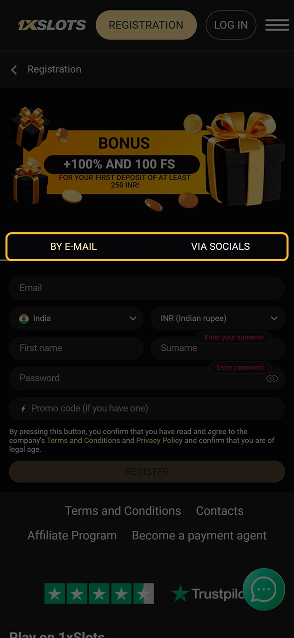 Choose your preferred registration method at 1xSlots casino.