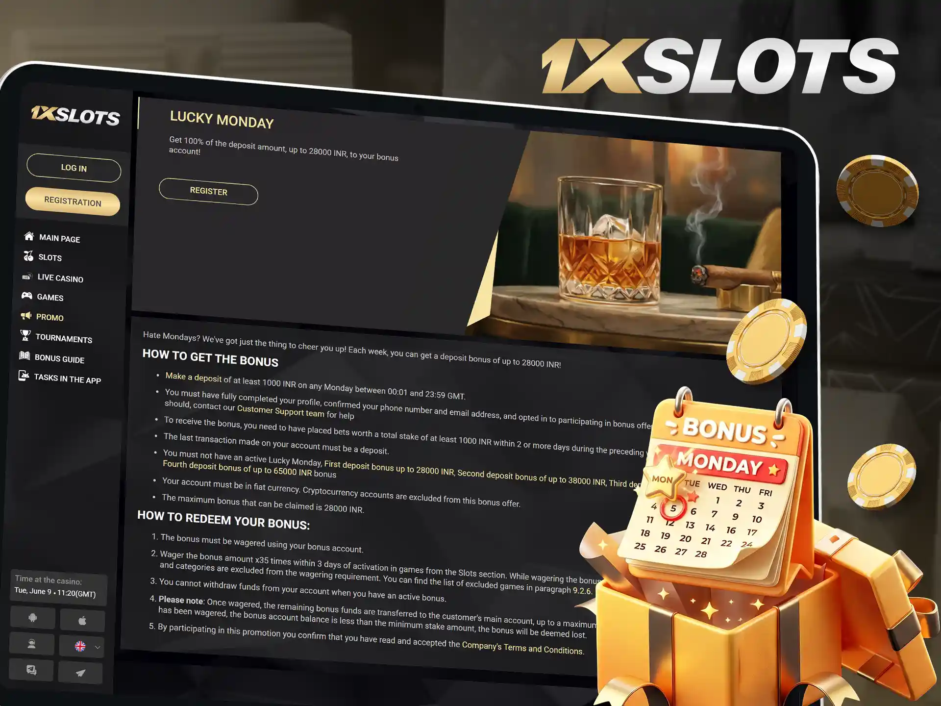 Get your Lucky Monday reload bonus from 1xSlots.