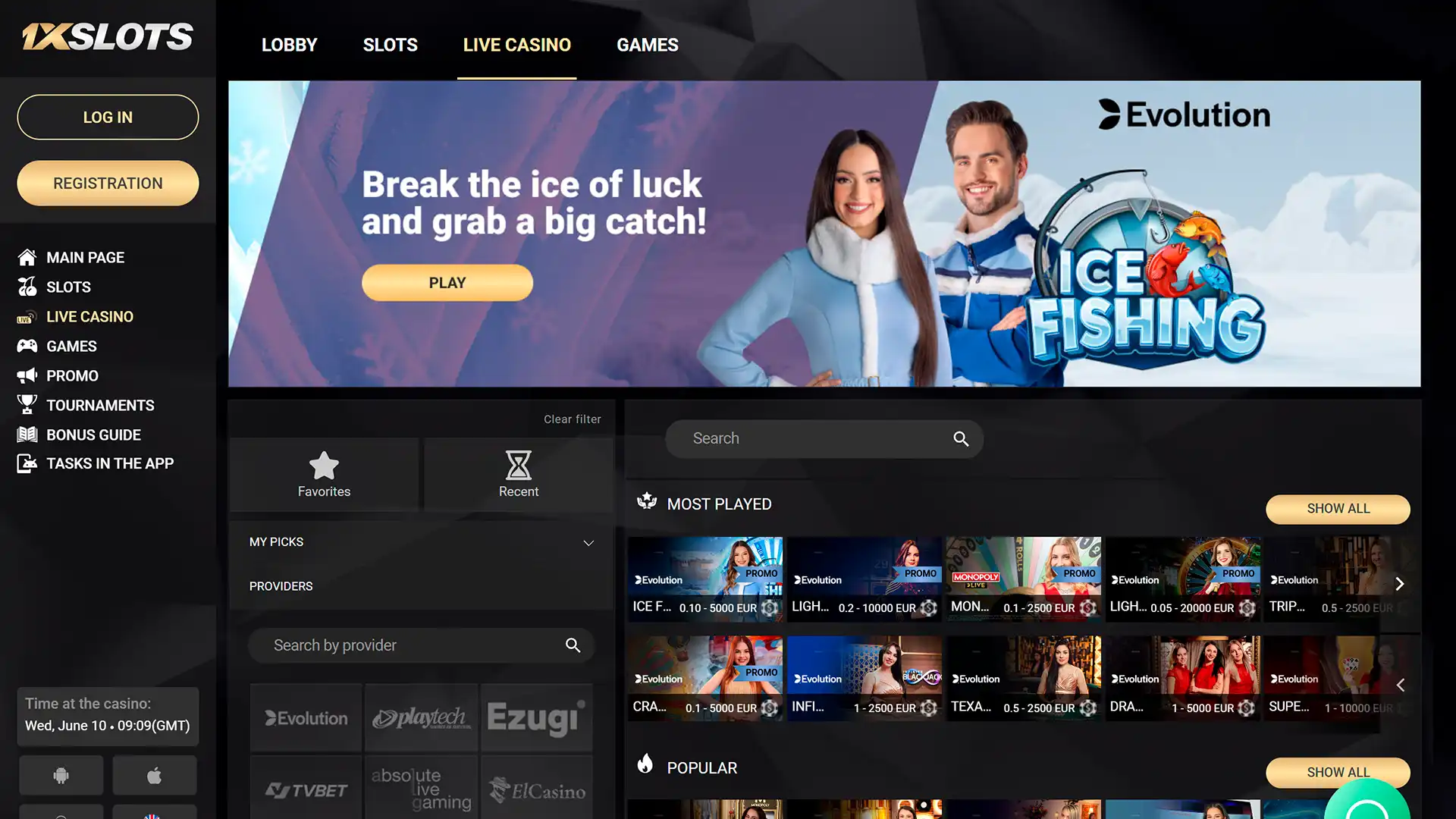 Experience real dealer action at 1xSlots live casino.