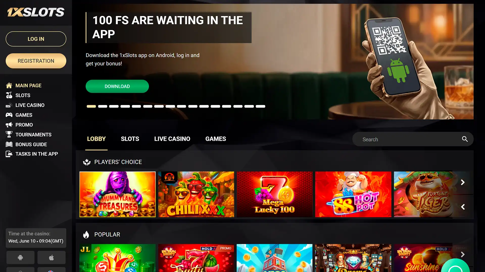 Explore the user-friendly main page of 1xSlots casino.