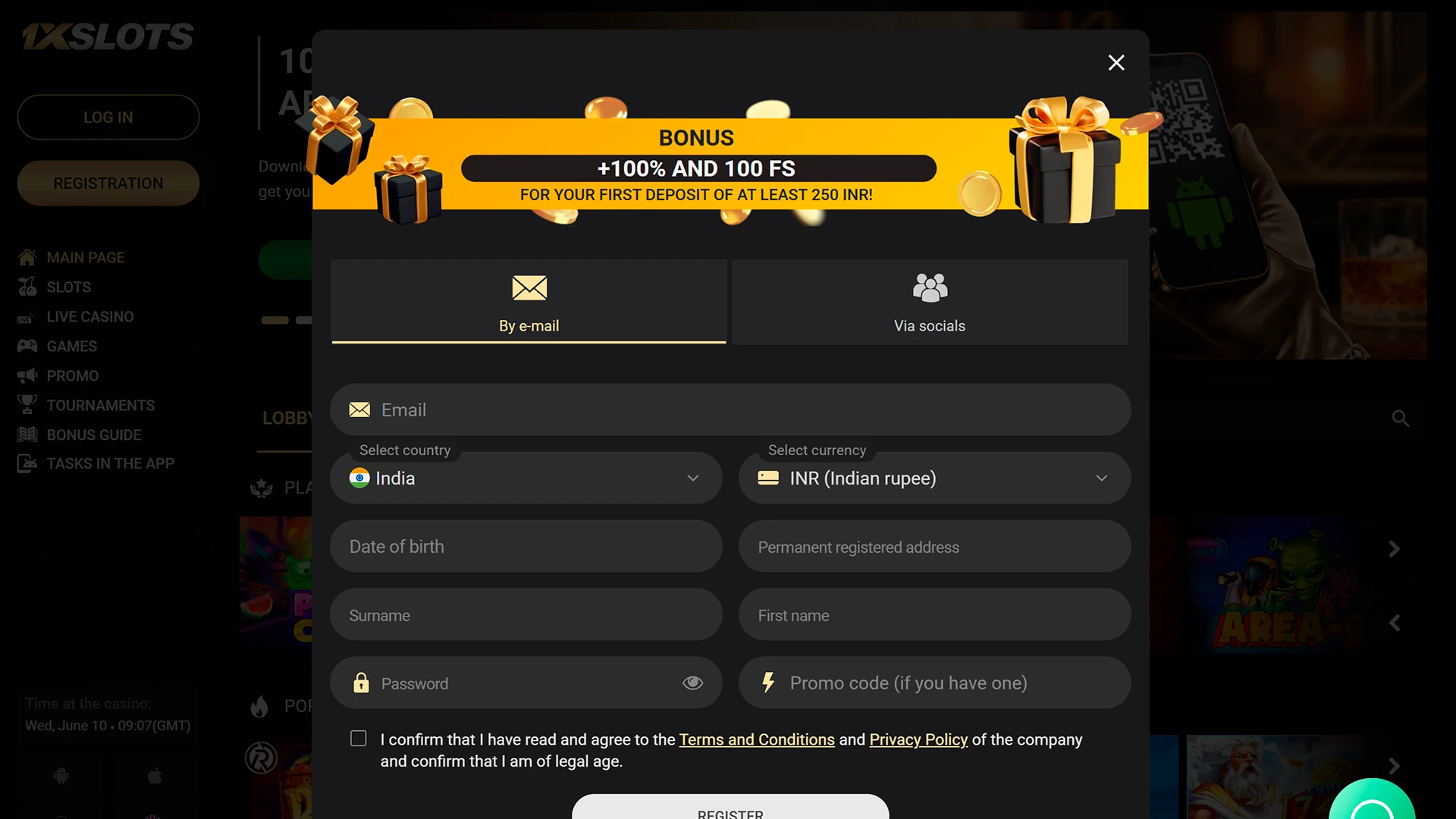 Sign up easily on the 1xSlots casino registration page.
