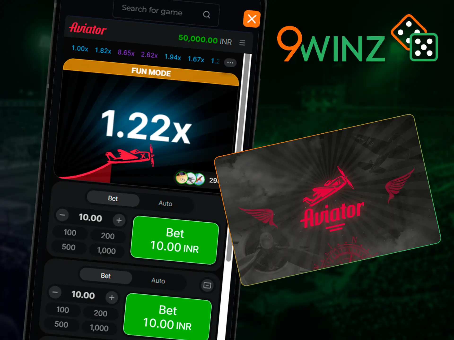 Play the exciting Aviator game on the 9winz app casino section.