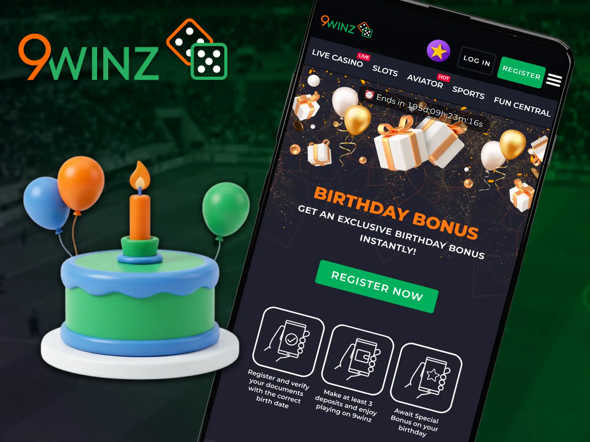 Celebrate your special day and claim your exclusive 9winz mobile birthday bonus.