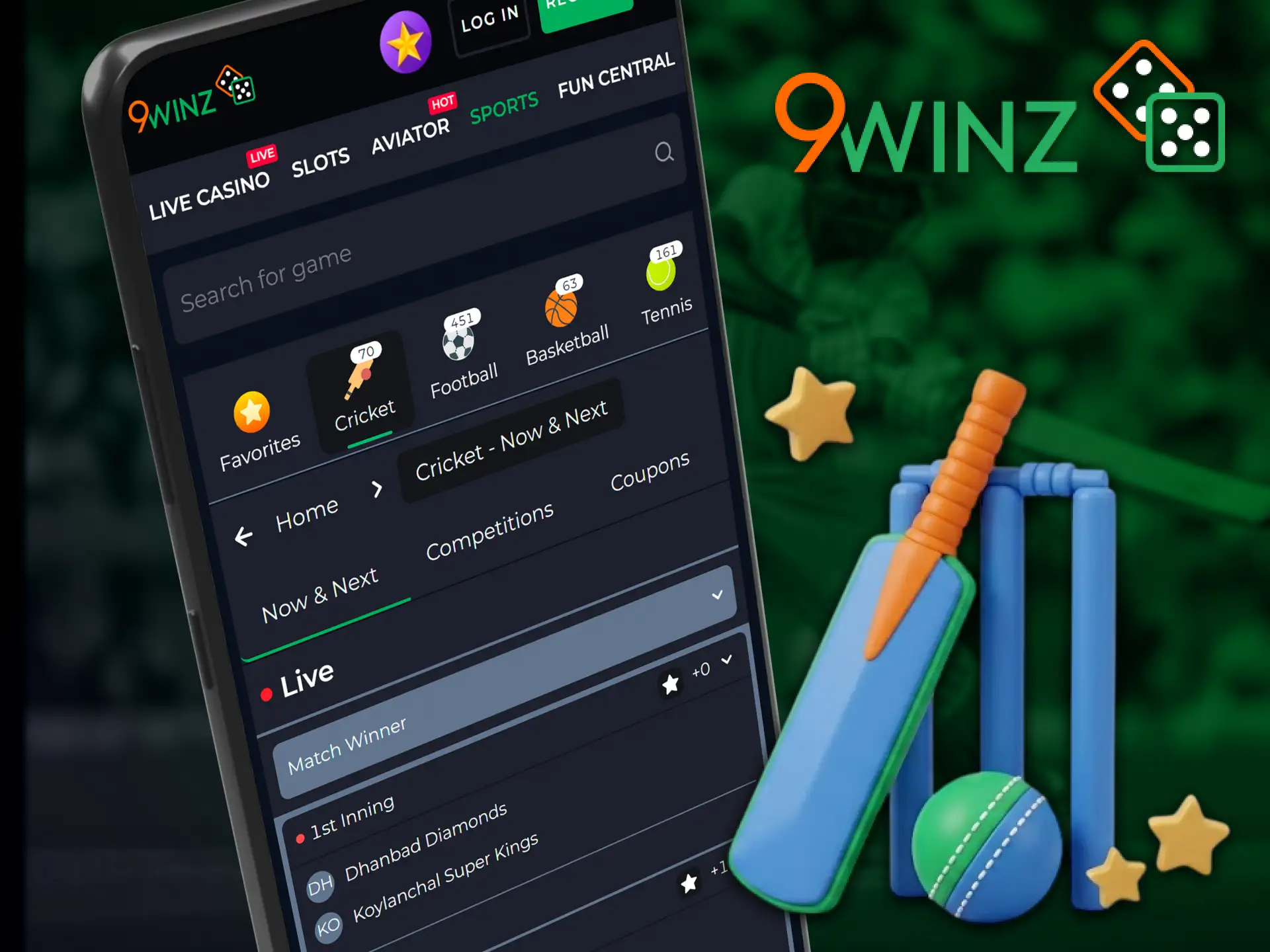 Bet on live cricket matches via the 9winz sports app.