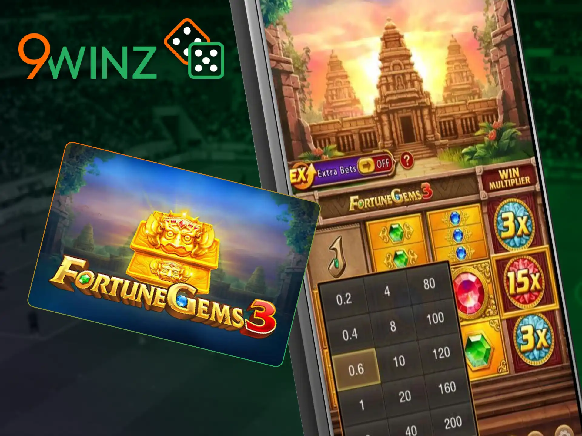 Spin the reels of Fortune Gems 3 in the 9winz app casino.