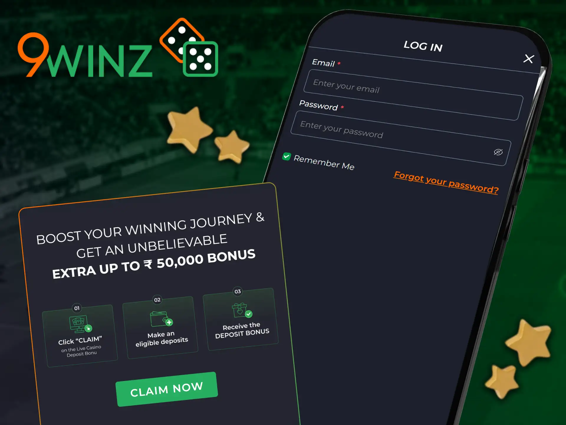 Follow the easy steps to get a bonus via the mobile app on 9winz.