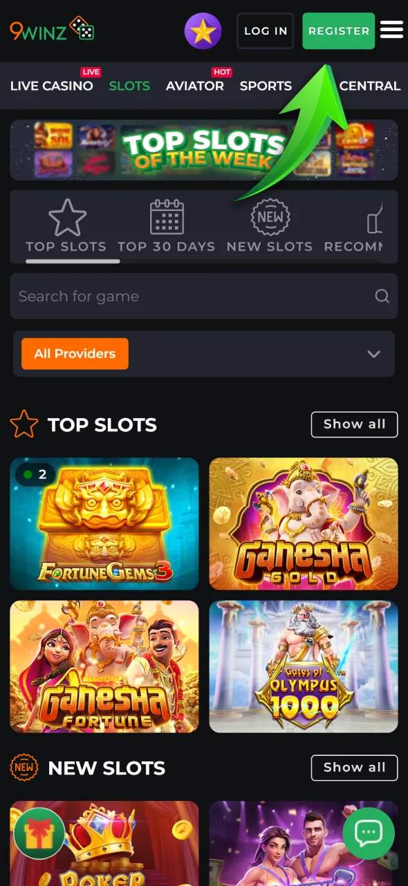 Locate the green register button at the top corner of the official website interface.