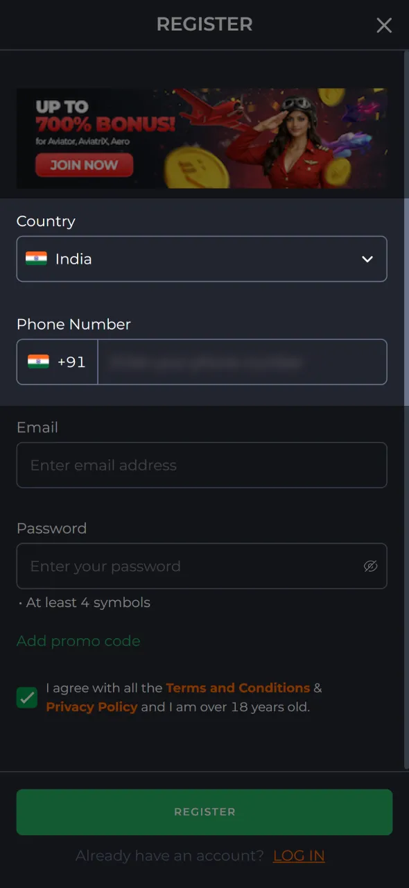 Select India as your country and enter your active mobile phone number.