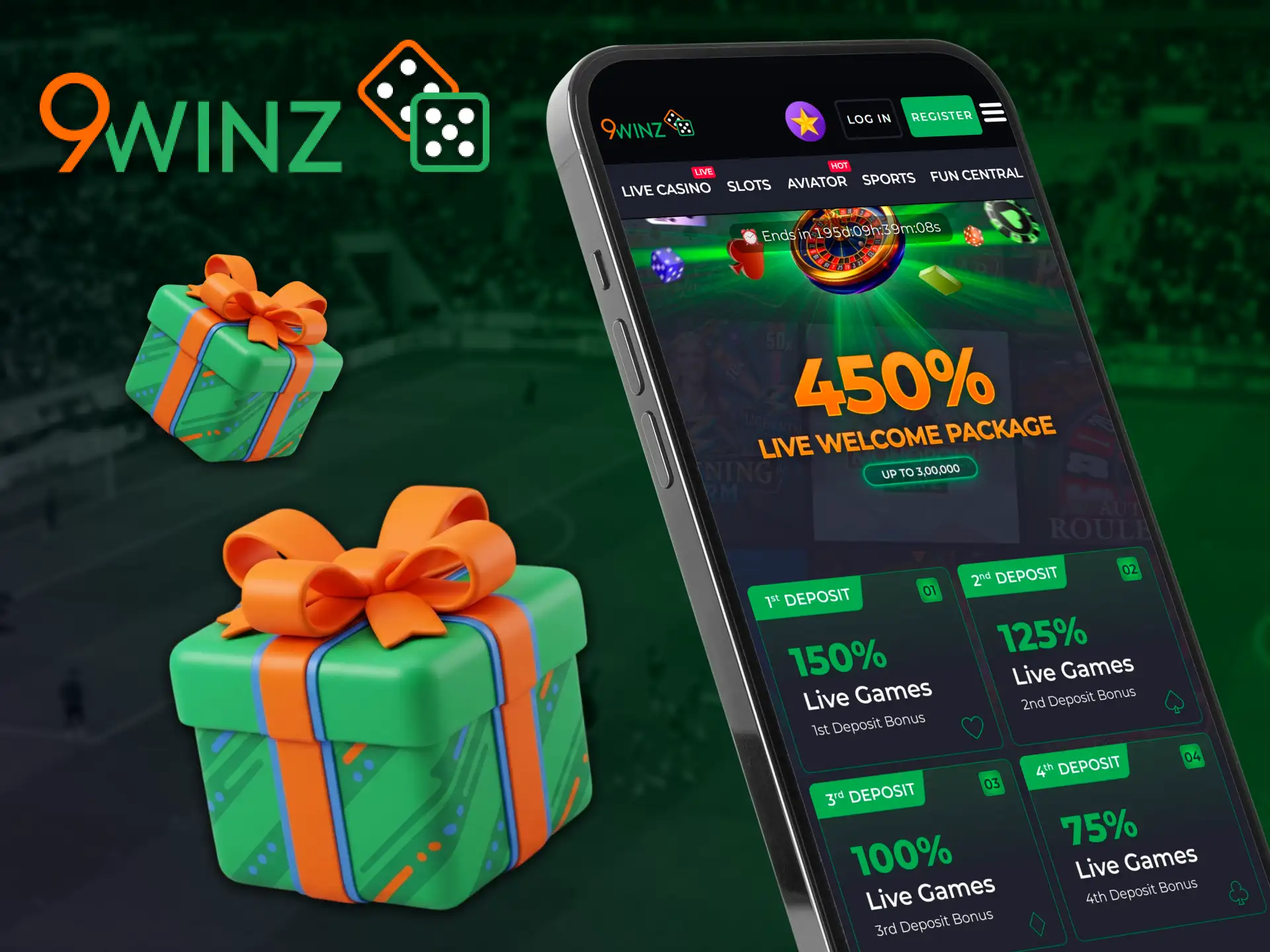 Claim the 9winz mobile live games package to play with real dealers.