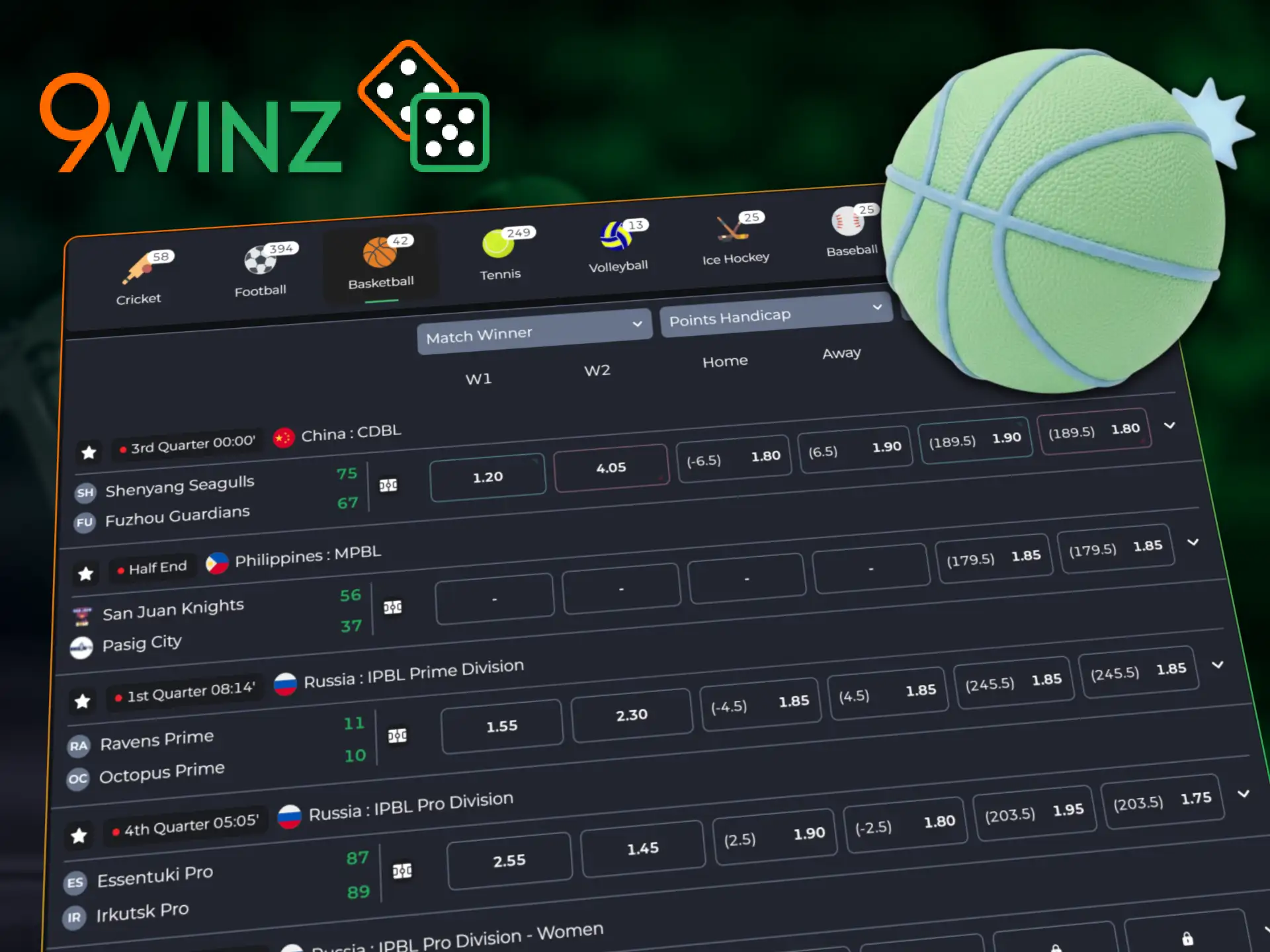 Enjoy basketball betting at 9winz with various market options.