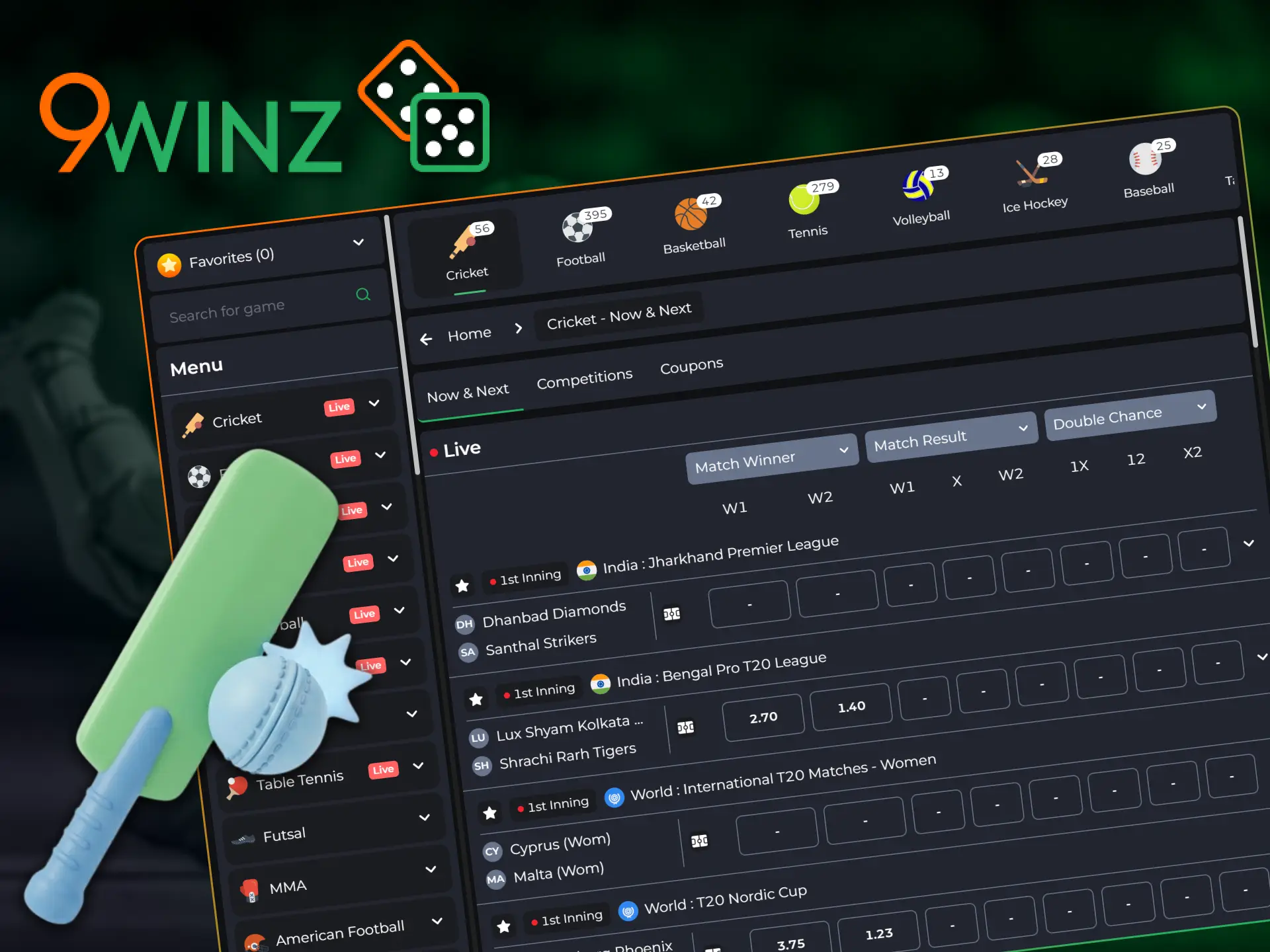 Place winning bets on top cricket matches in the 9winz sports section.