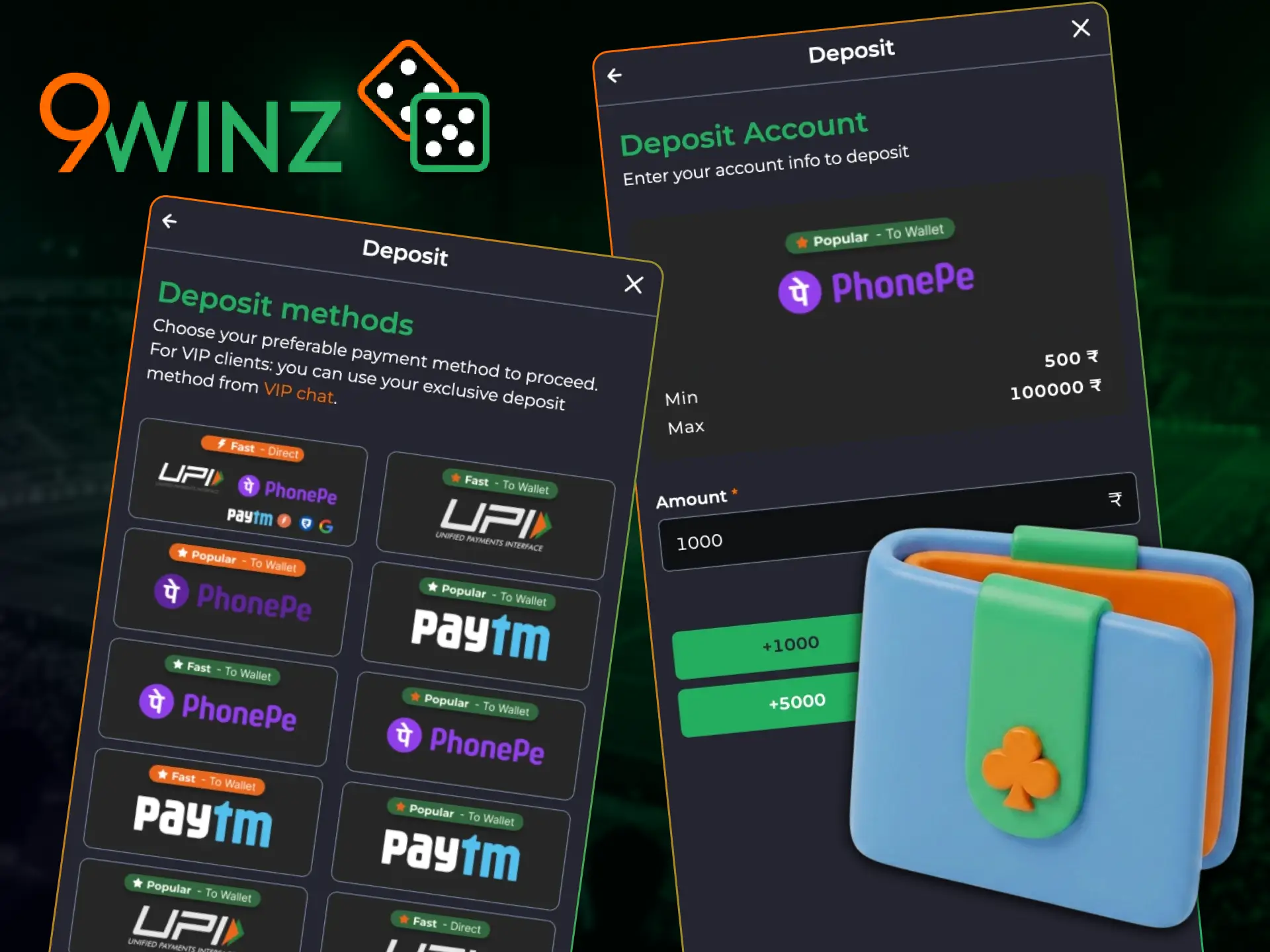 Follow the steps to make a deposit on your 9winz account.