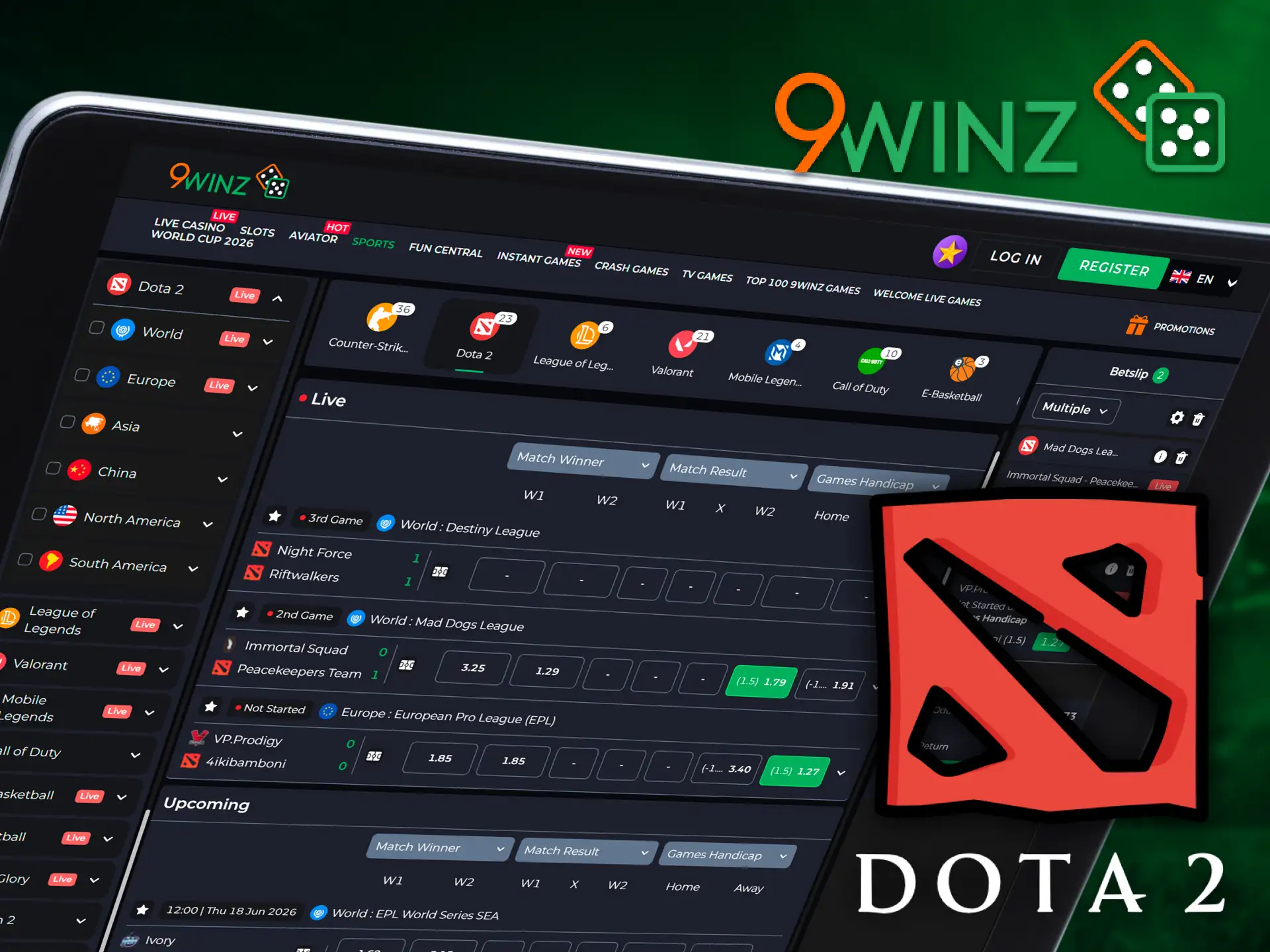 Place your live esports bets on Dota 2 at the 9winz website.