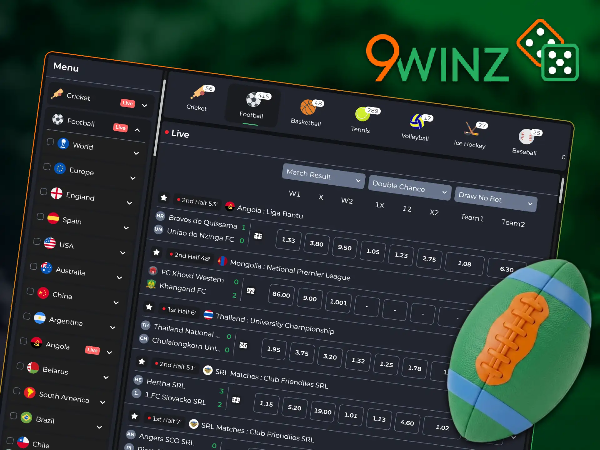 Discover competitive odds in the 9winz football betting section.