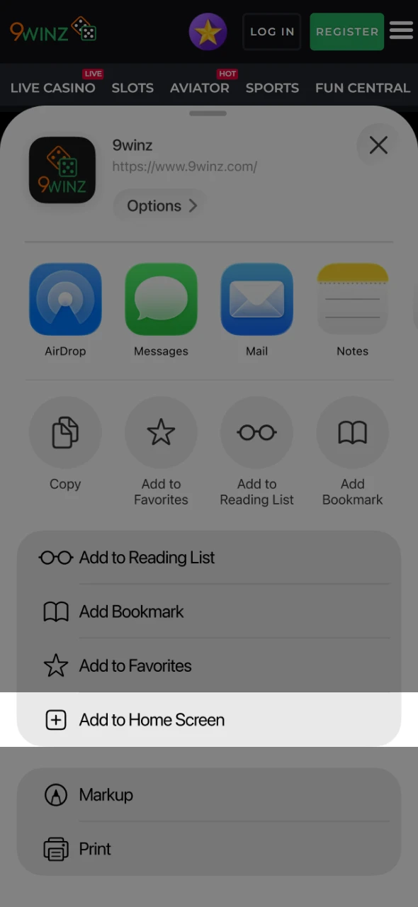 Add 9winz to the home screen of your iOS device for instant access.