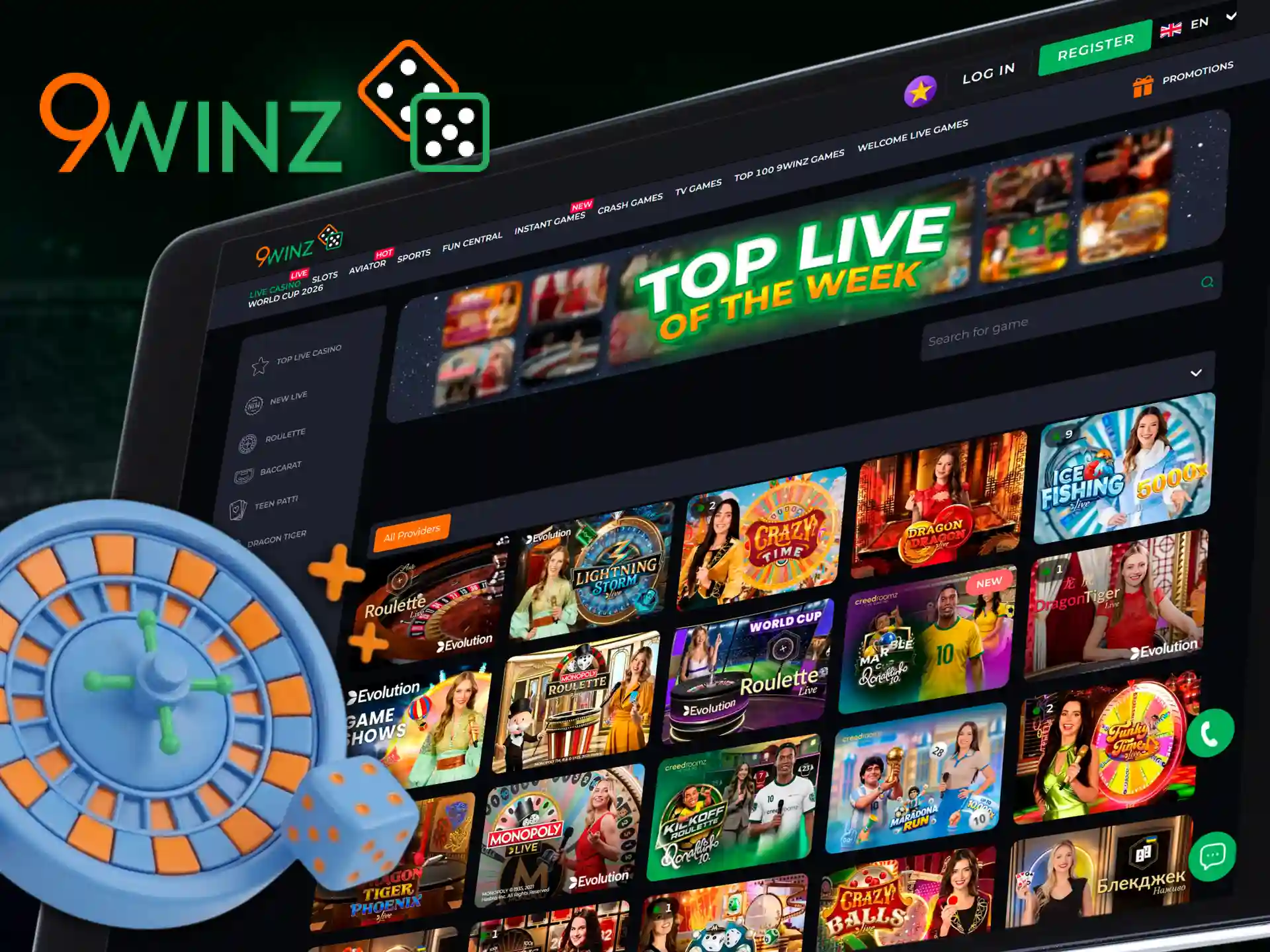 Play against real dealers in the 9winz live casino section.