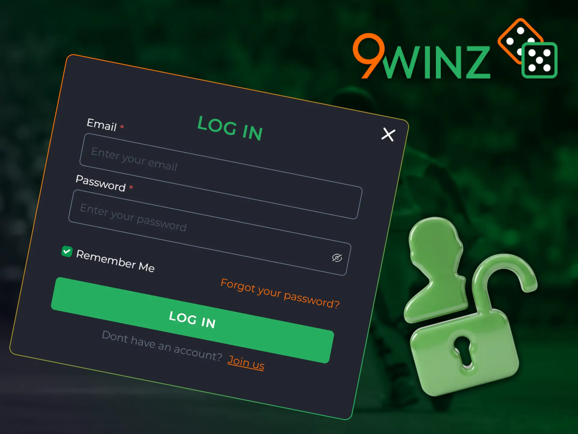 9winz login window with fields for entering a phone number or email and password.
