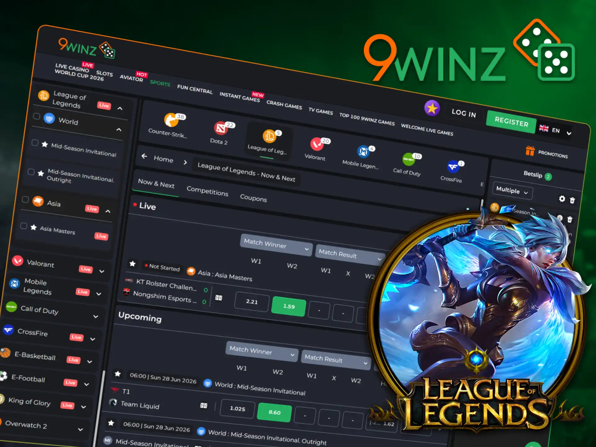 Predict tournament outcomes and start betting on LoL at 9winz today.