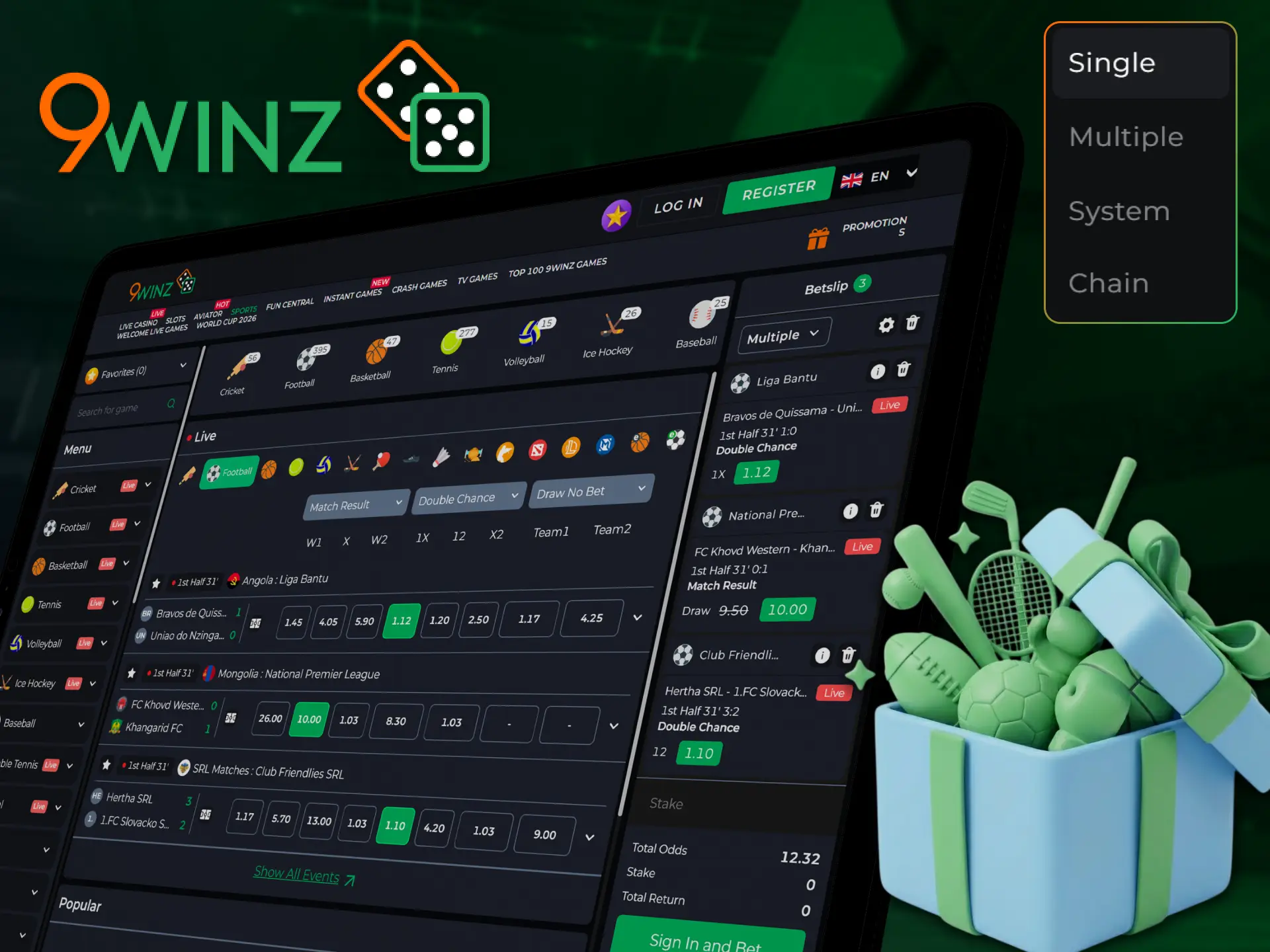 Explore the main betting types on the 9winz site.
