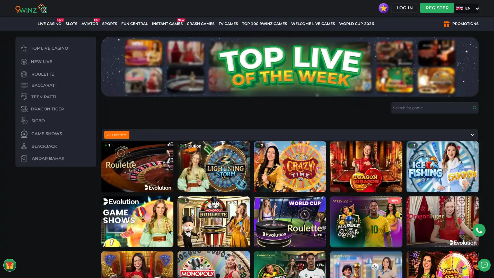 Live casino and online slots lobby section on the 9winz desktop interface.