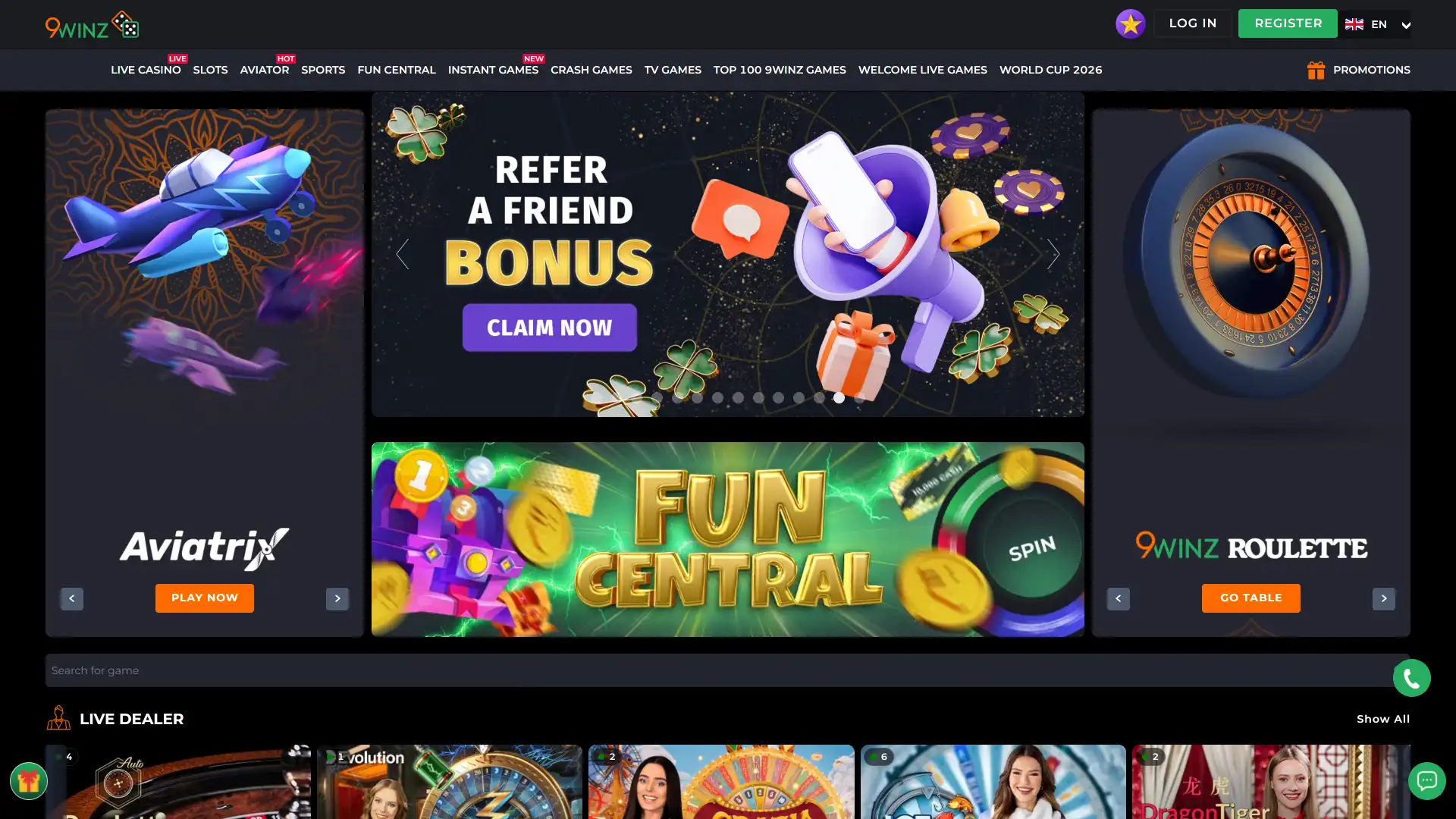 Main homepage of the 9winz official website on desktop, showing the main banners and navigation menu.