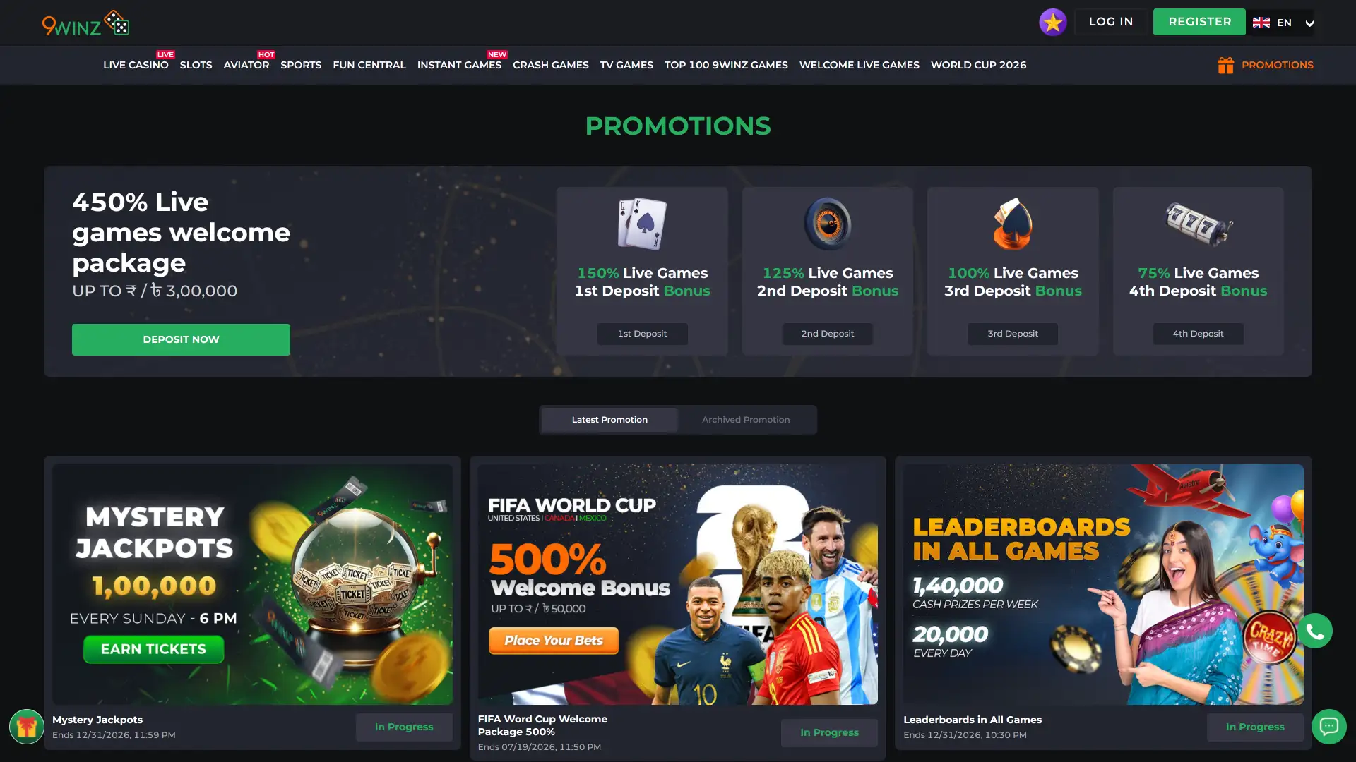 Promotions and bonus program page on the desktop platform of 9winz.