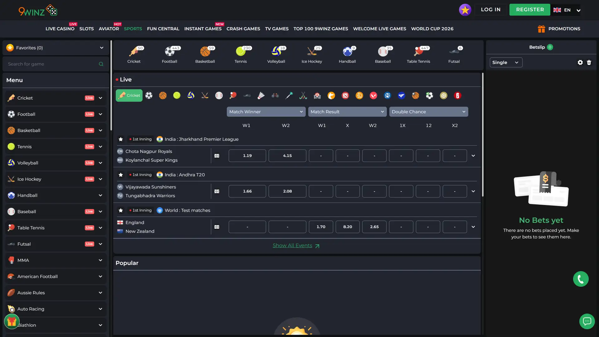 Sportsbook section on the 9winz PC website with available events, odds, and the bet slip.