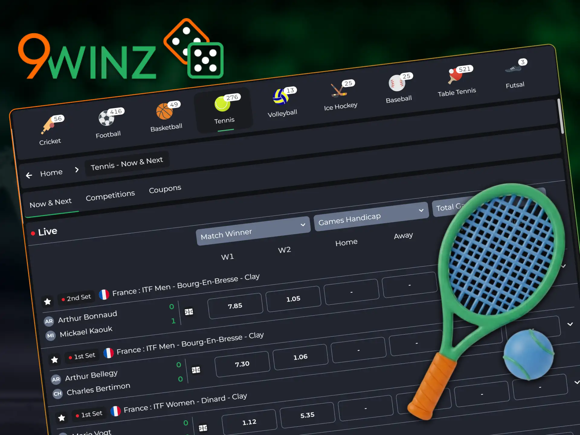 Start tennis betting at 9winz and predict match winners today.