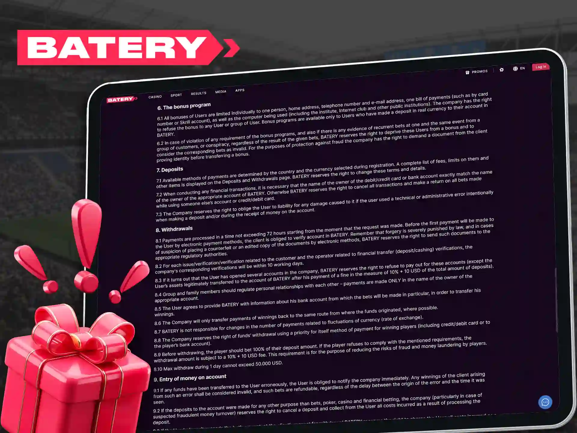 Important terms and wagering requirements for valid Batery rewards.