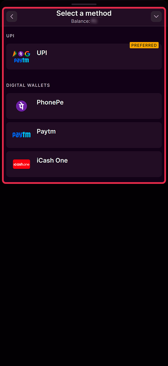 Select preferred bank transfer or digital wallet option on Batery.
