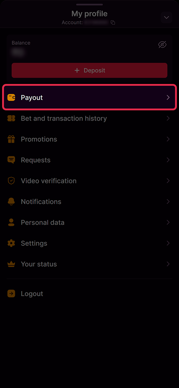Open the balance payout management tab within Batery profile settings.