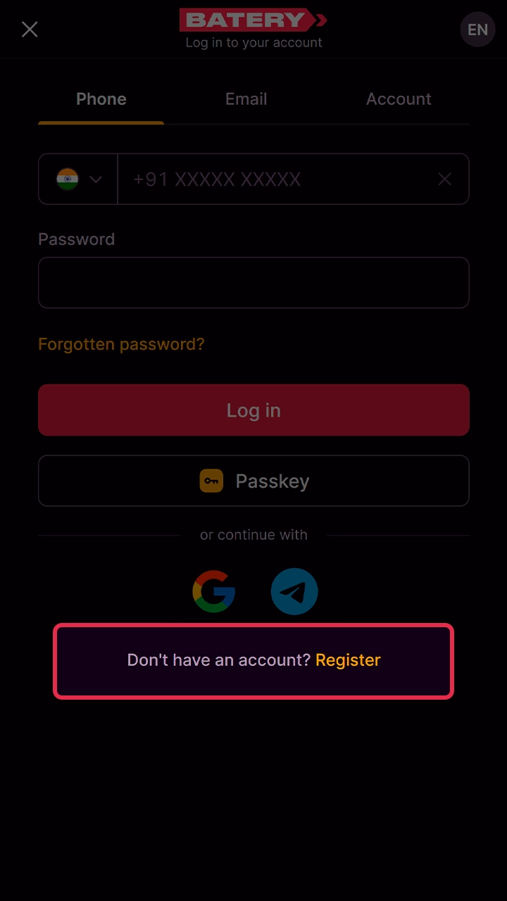 Tap the mobile registration button inside Batery betting app.