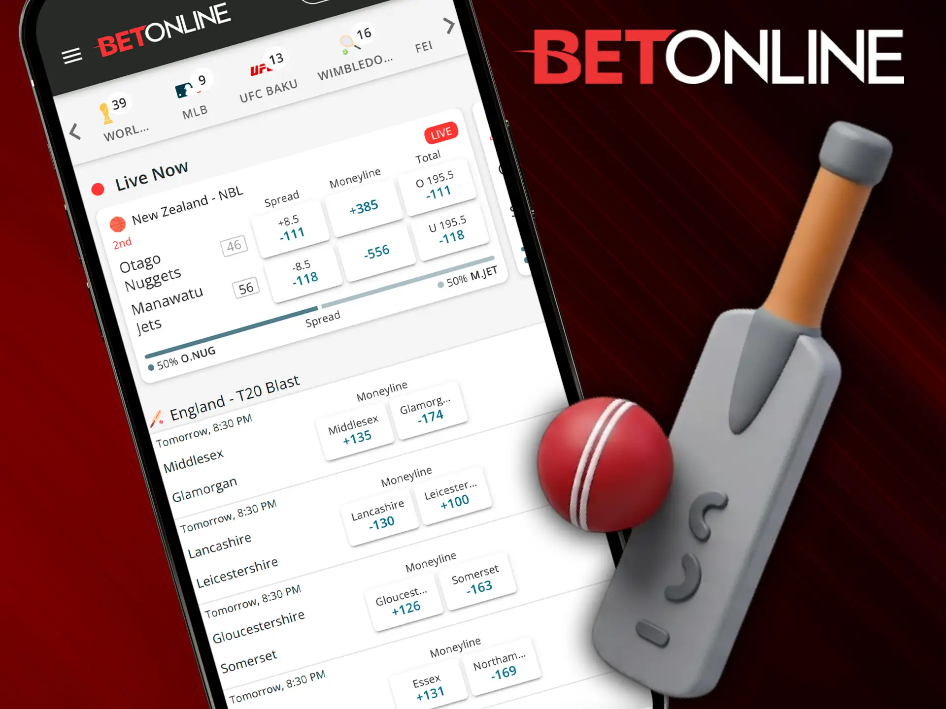 Place live sports bets on cricket matches using the mobile BetOnline app.
