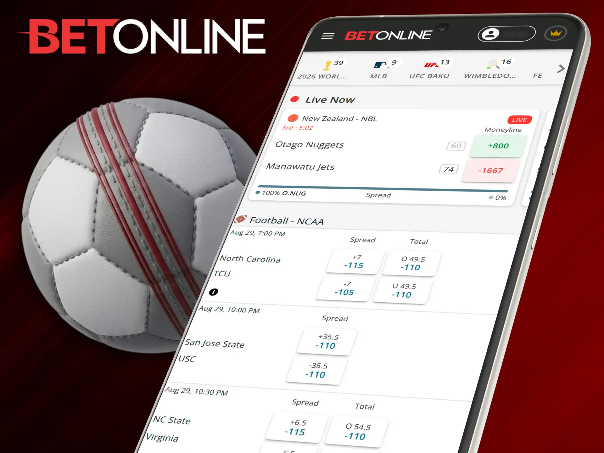 Bet on your favorite football leagues via the official BetOnline app.