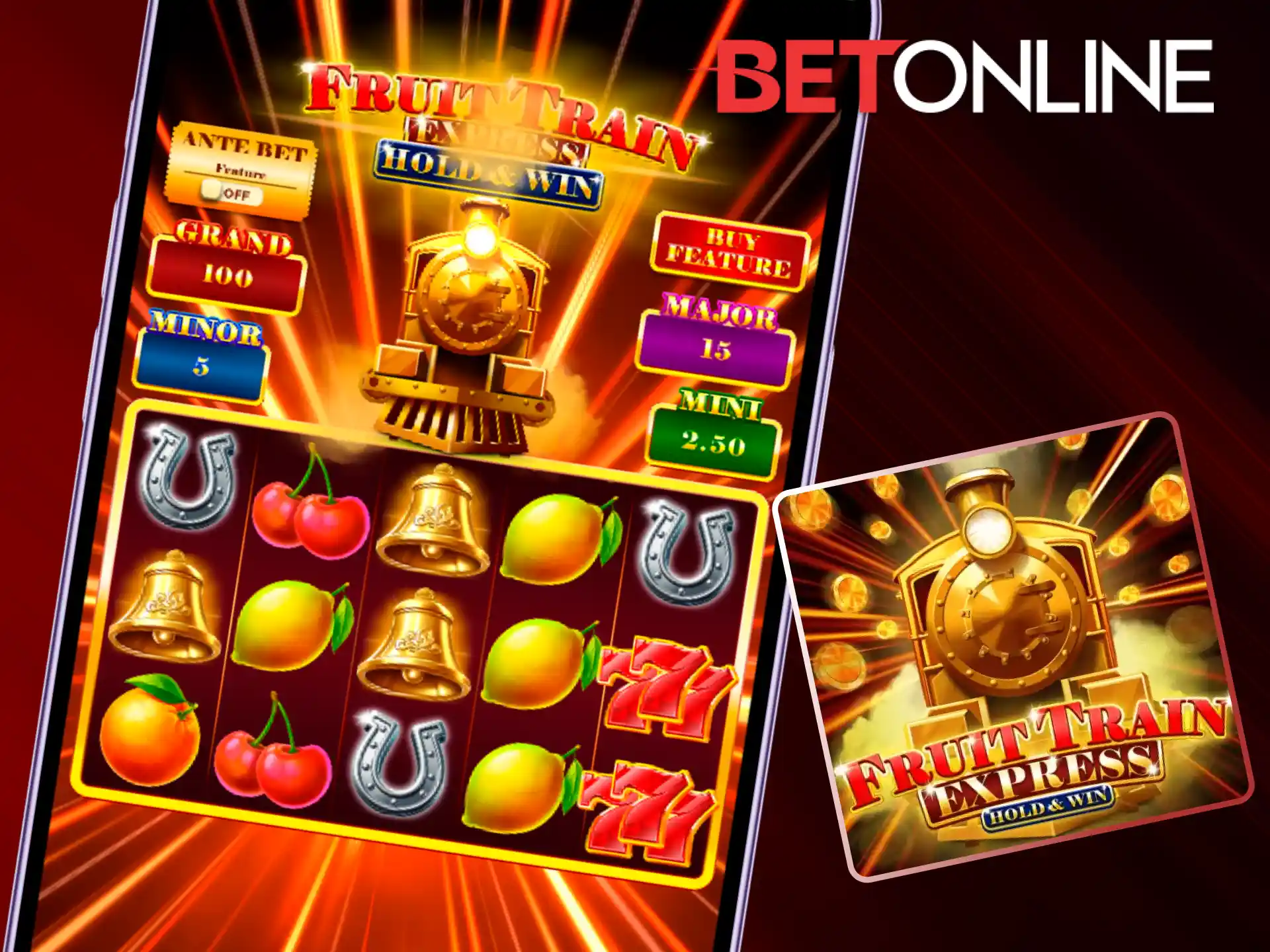 Spin the vibrant Fruit Train Express casino reels via the BetOnline app.