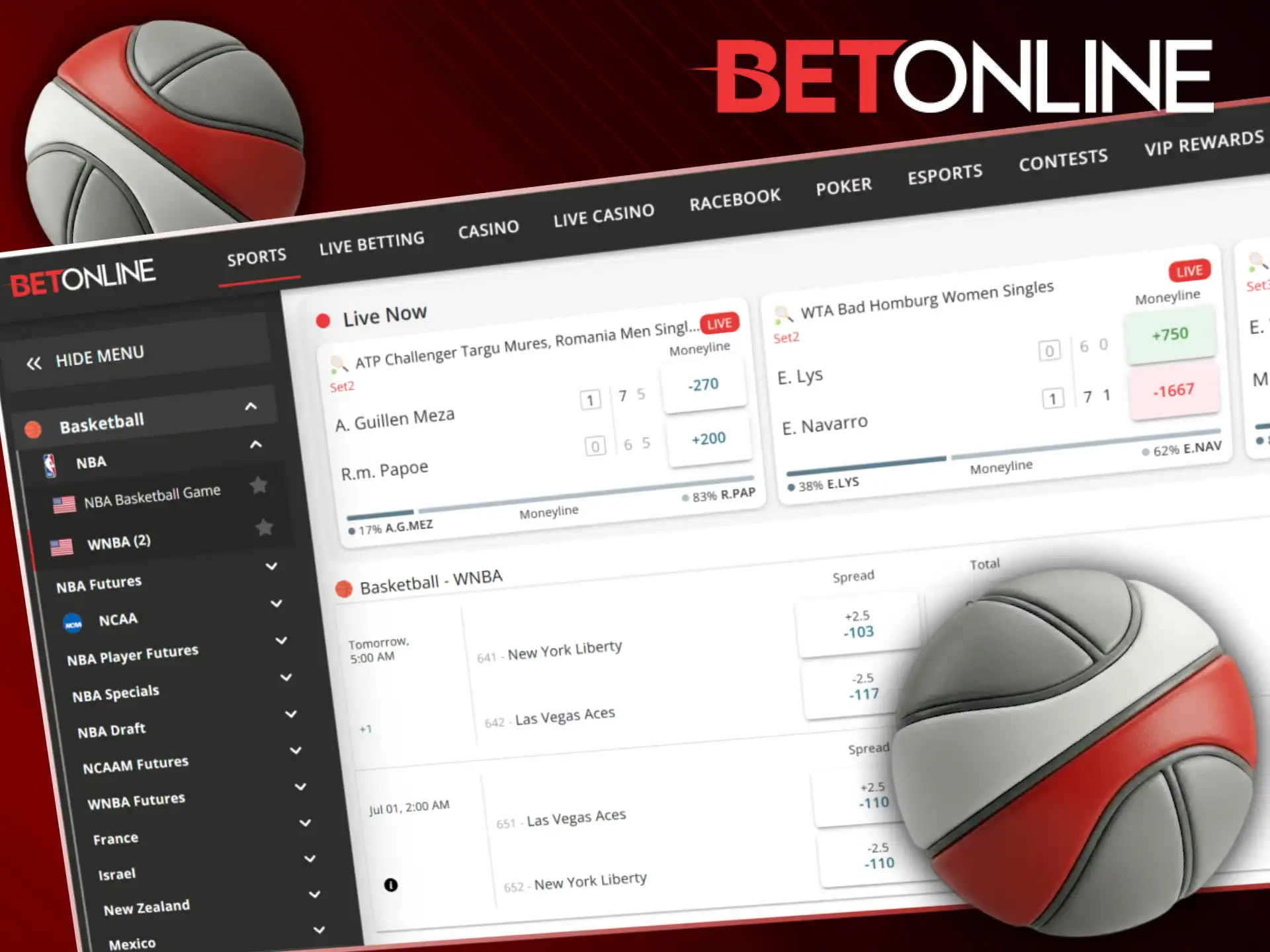 Place basketball sports bets at BetOnline on global leagues and championships.