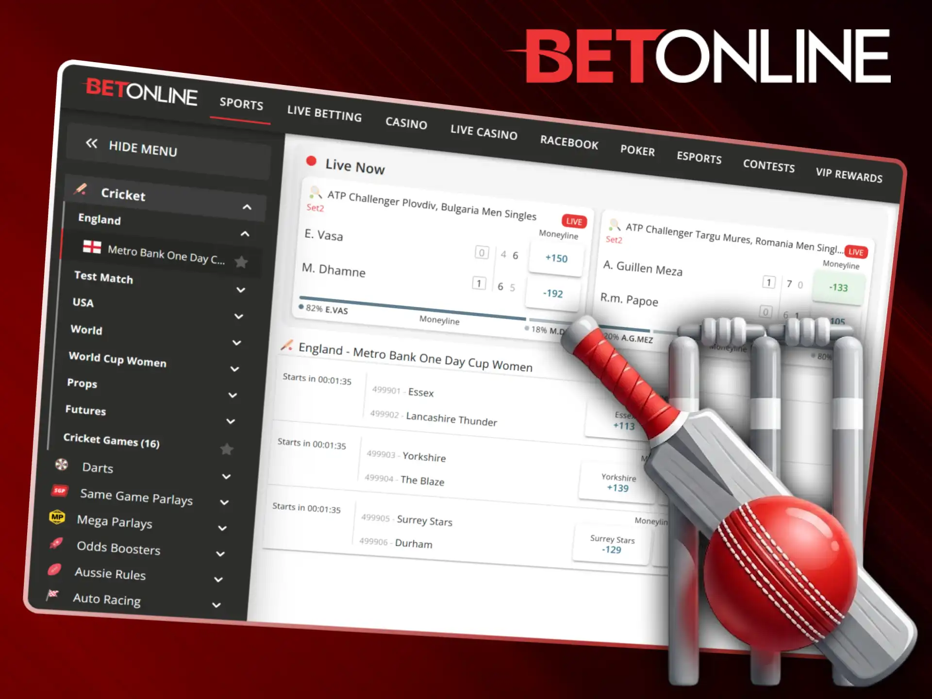 Visit the cricket sports section at BetOnline to back your favorite team.