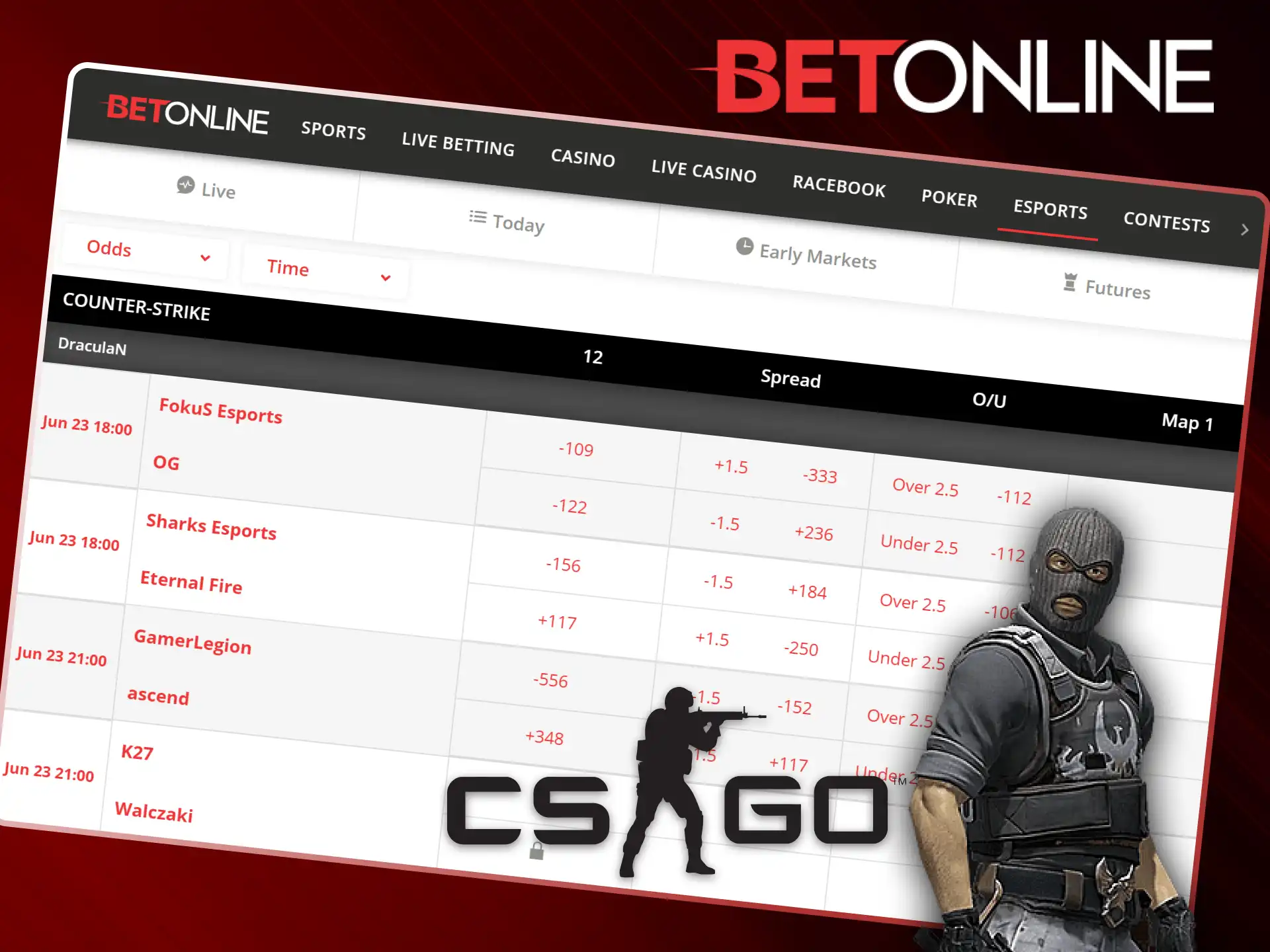 Explore dynamic odds for CS 2 eSports tournaments on BetOnline.
